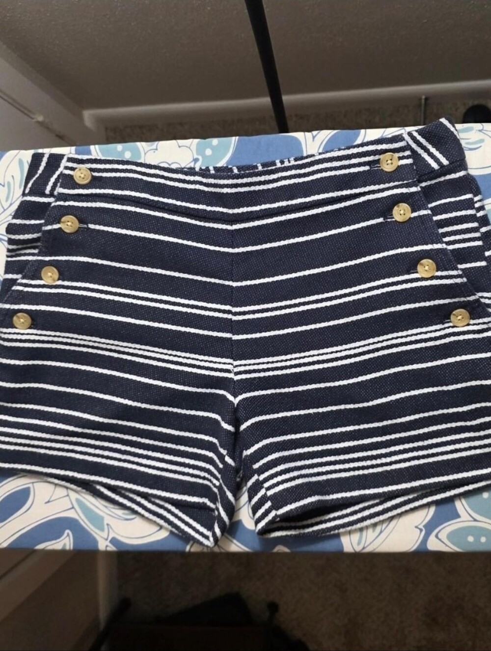 Banana Republic Navy & White Striped High-Waist Shorts with Gold Buttons